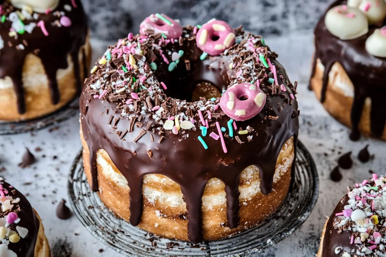 Decadent chocolate doughnut cake covered in glossy dark chocolate glaze, topped with colorful sprinkles, mini doughnuts, and chocolate shavings. A visually stunning and indulgent treat perfect for any occasion.