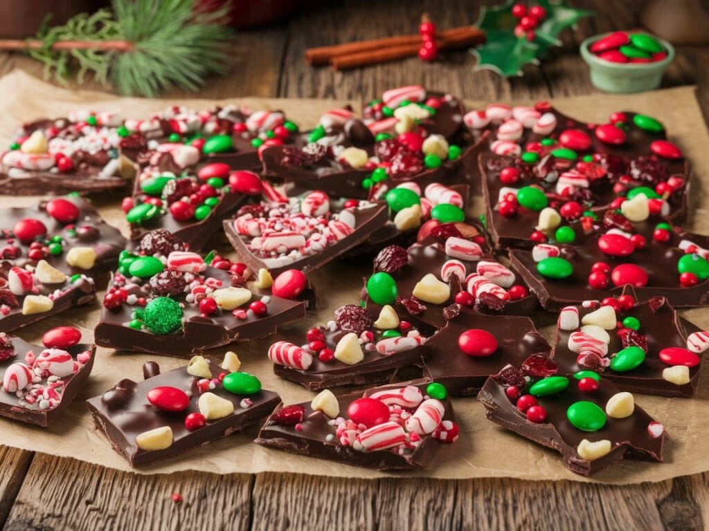 Christmas Bark Recipe: Festive chocolate bark topped with red and green candy-coated chocolates, peppermint candies, and white chocolate chips, arranged on parchment paper for a colorful holiday treat.