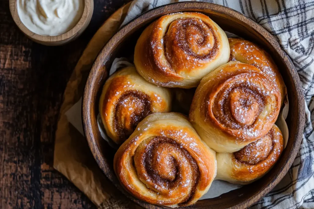 Golden-brown sourdough cinnamon rolls with a soft, fluffy texture, dusted with powdered sugar and served in a rustic wooden bowl. The rich cinnamon filling swirls through each roll, creating an irresistible homemade treat.