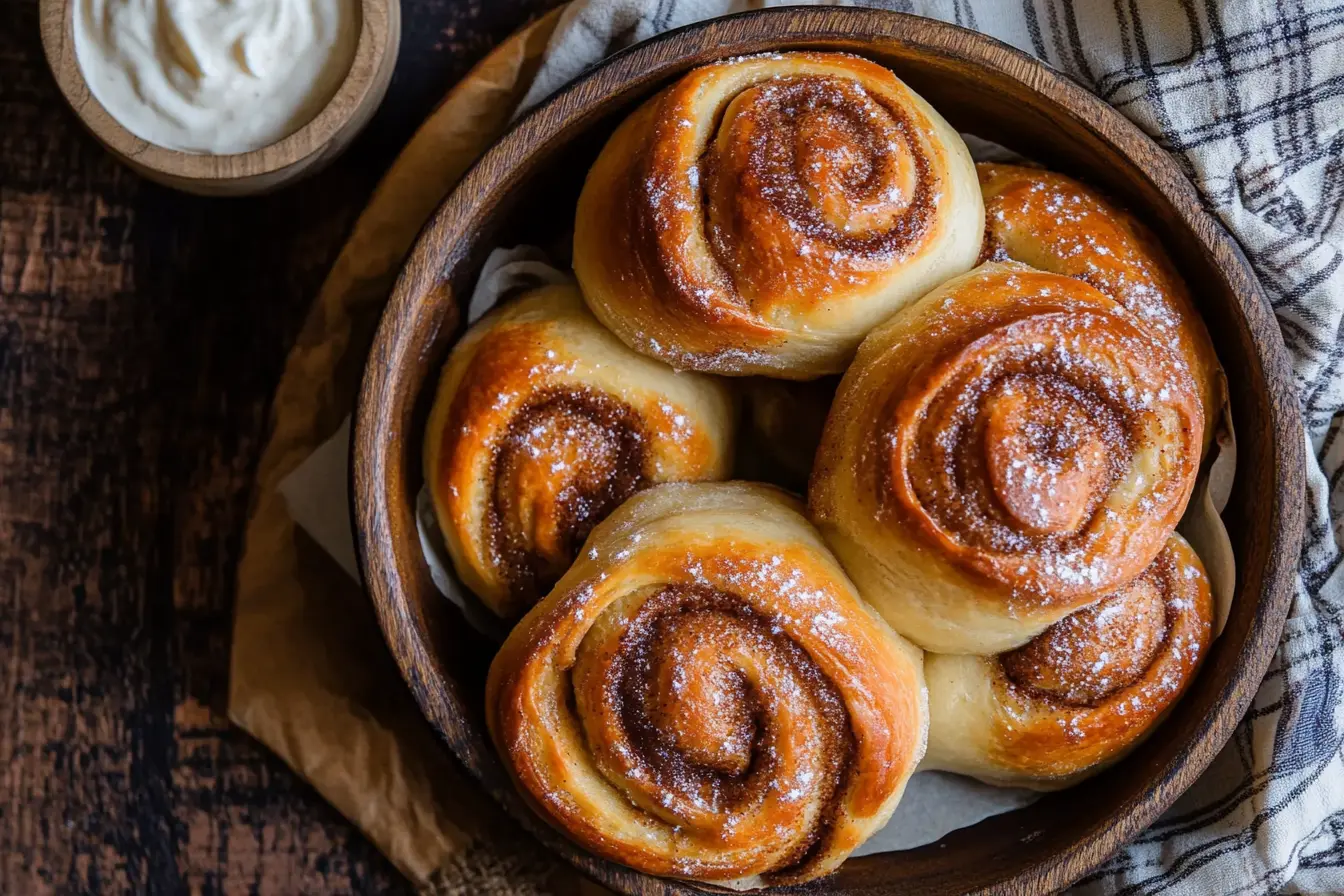 Golden-brown sourdough cinnamon rolls with a soft, fluffy texture, dusted with powdered sugar and served in a rustic wooden bowl. The rich cinnamon filling swirls through each roll, creating an irresistible homemade treat.
