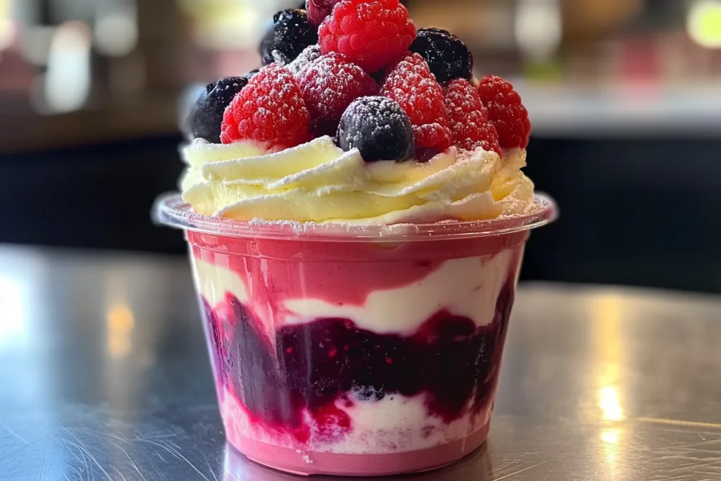 A delicious Berry Trifle Cake Cup layered with fresh berries, creamy whipped topping, and a rich berry compote, served in a clear cup for a stunning visual appeal.