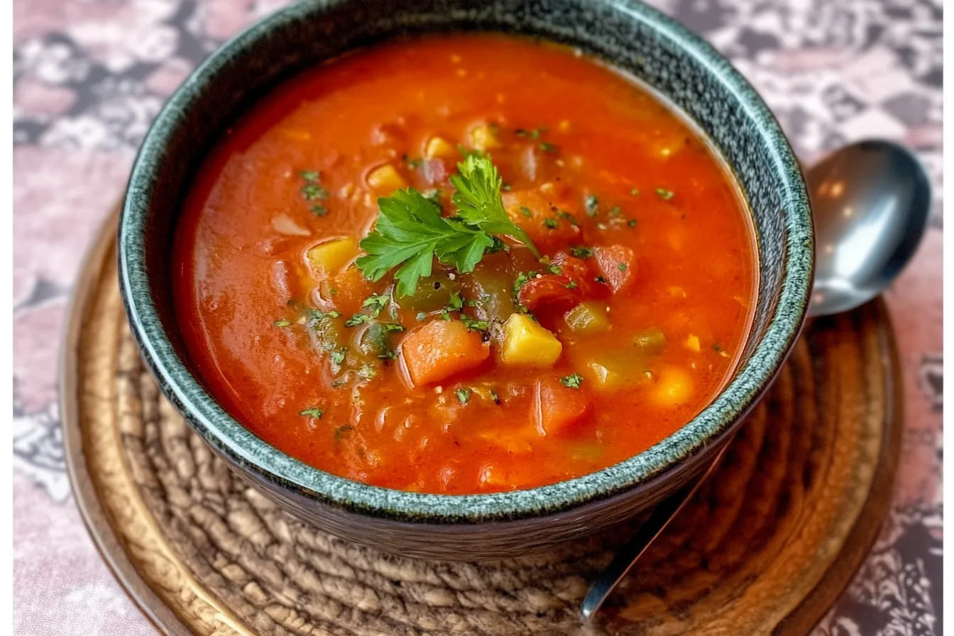 A hearty bowl of Turkey Vegetable Soup, packed with tender turkey, colorful vegetables, and a rich tomato-based broth, garnished with fresh herbs.
