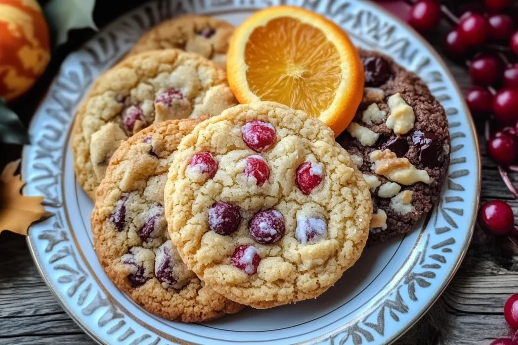 A plate of freshly baked Thanksgiving cookies with cranberries and white chocolate, paired with orange slices for a festive touch.