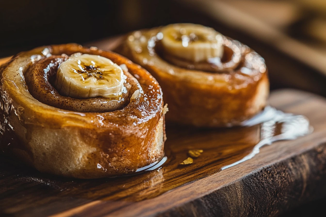 Close-up of warm banana bread cinnamon rolls on a wooden board, topped with a glossy cinnamon glaze.