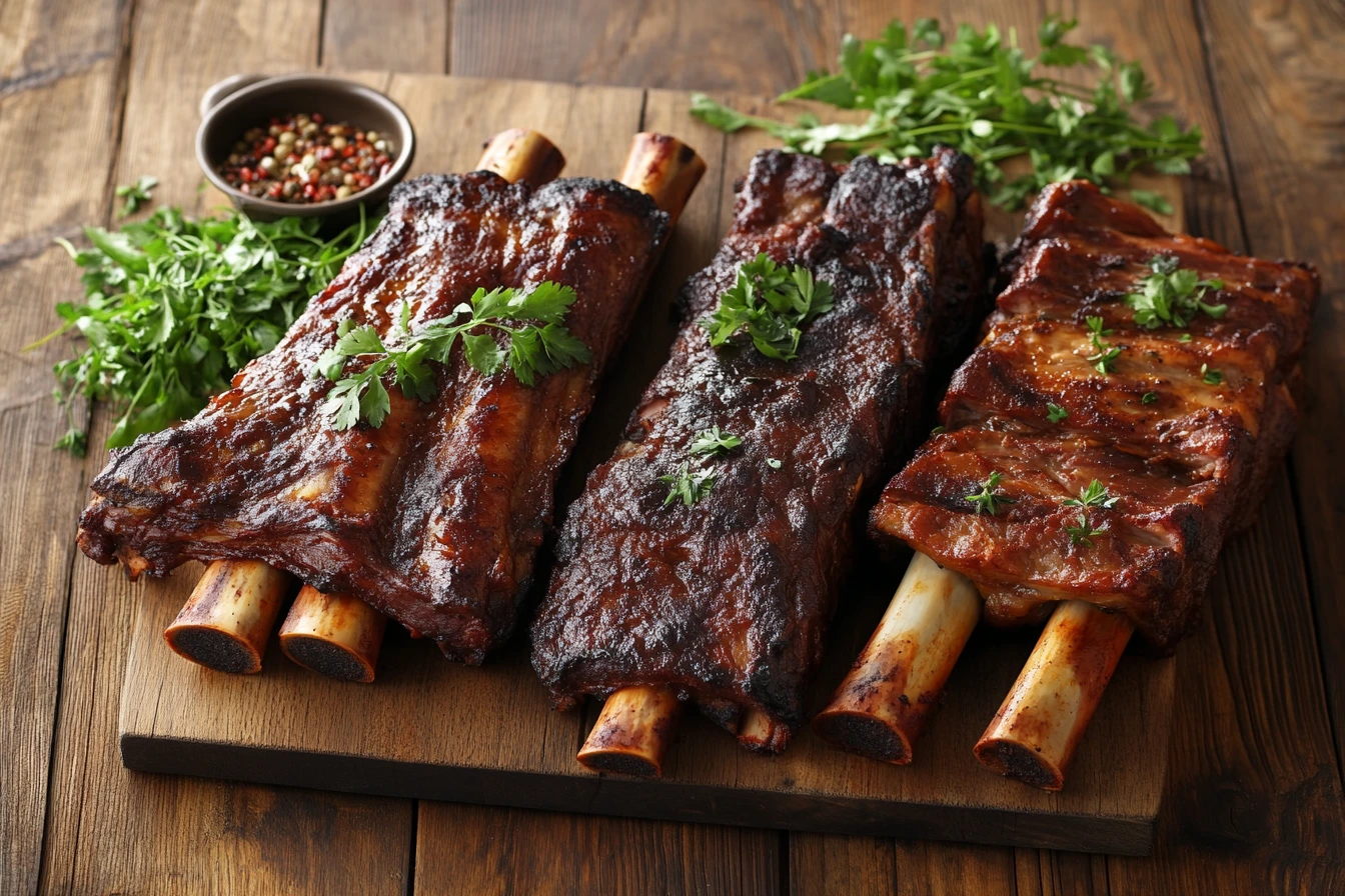 Three types of beef ribs (plate ribs, short ribs, ribeye ribs) arranged side by side on a rustic wooden table with fresh herbs.