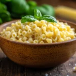 A close-up of uncooked ditalini pasta in a rustic ceramic bowl, placed on a wooden table with a sprinkle of salt and fresh basil leaves in the background