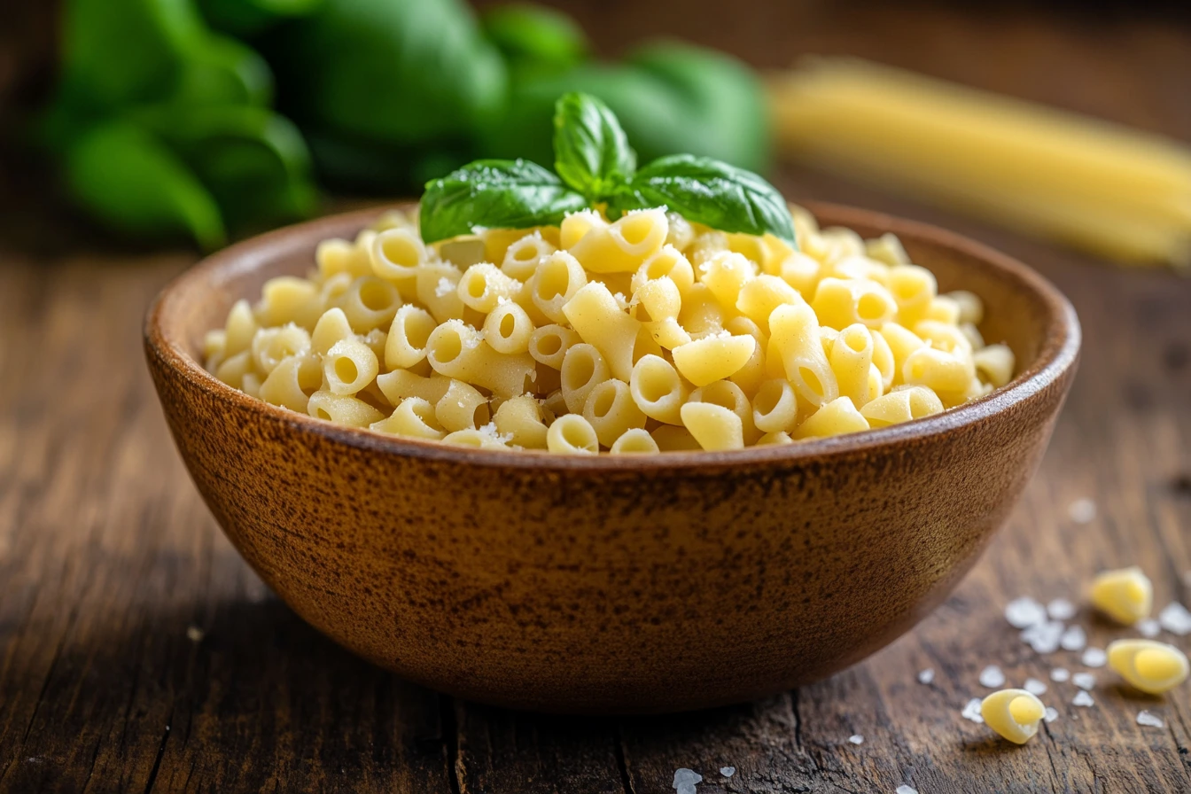 A close-up of uncooked ditalini pasta in a rustic ceramic bowl, placed on a wooden table with a sprinkle of salt and fresh basil leaves in the background