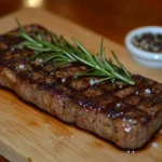 A thick Delmonico steak with a golden-brown crust served on a wooden cutting board, garnished with fresh rosemary, coarse salt, and black pepper.