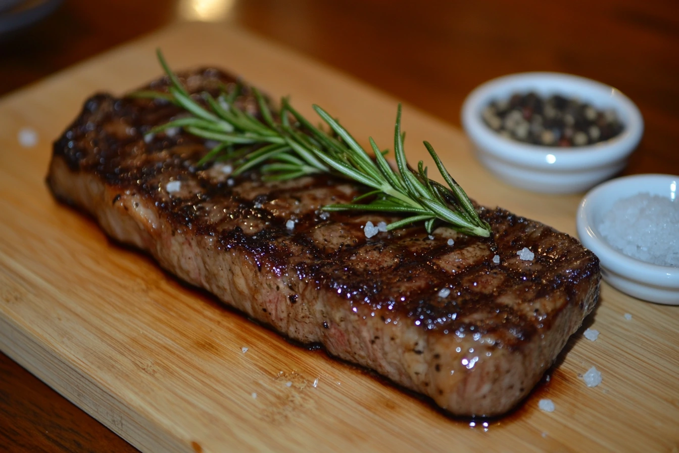 A thick Delmonico steak with a golden-brown crust served on a wooden cutting board, garnished with fresh rosemary, coarse salt, and black pepper.