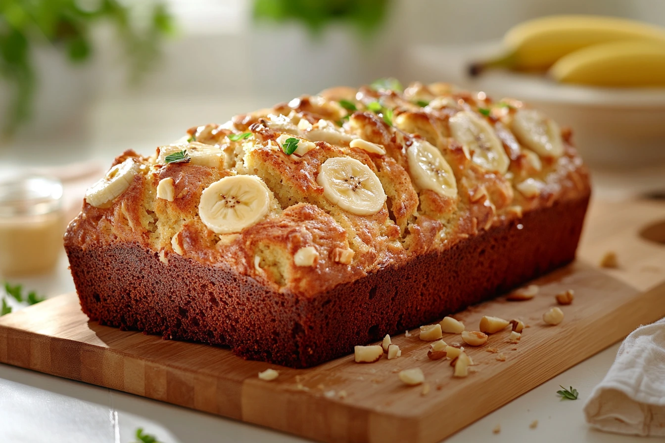 A beautifully baked loaf of Hawaiian banana bread garnished with banana slices and macadamia nuts on a wooden cutting board in a bright kitchen