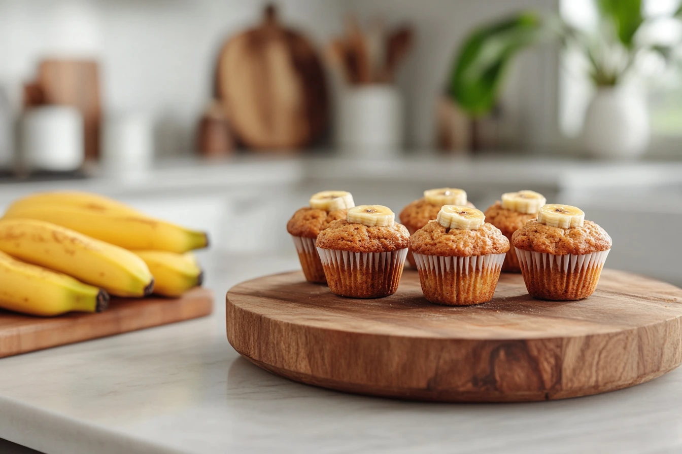 Assorted banana bread mini muffins arranged beautifully on a rustic wooden plate in a bright kitchen setting