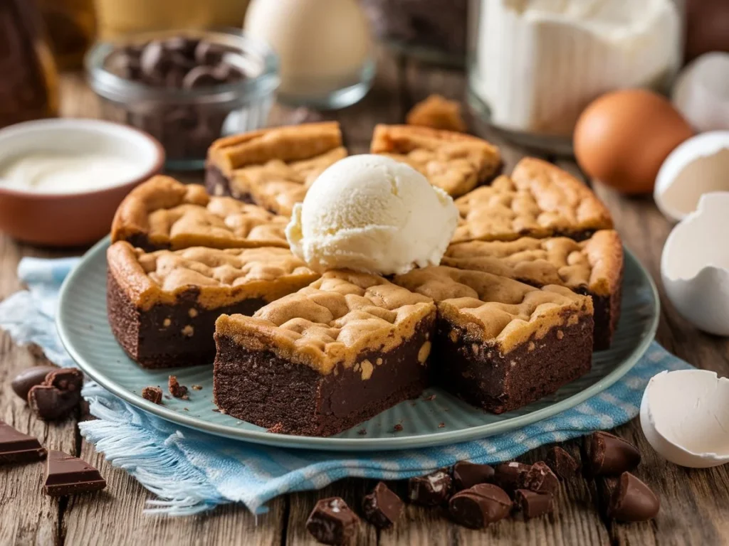 A close-up of a freshly baked Brookie Recipe, with visible layers of rich brownie and chewy cookie dough, served on a plate with a scoop of vanilla ice cream, perfect for a dessert craving