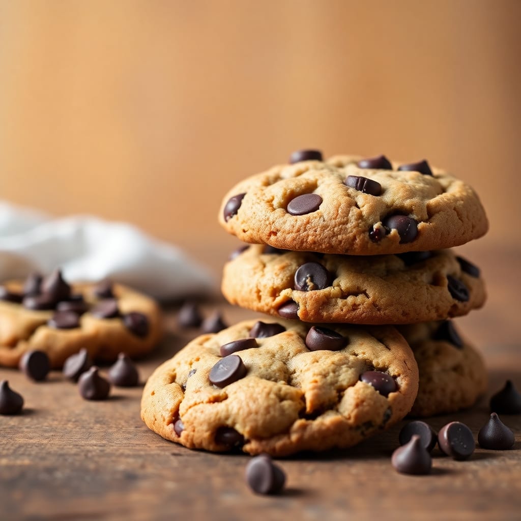 Fresh baked Nestle Toll House chocolate chip cookies with melting chocolate chips arranged on a rustic wooden surface