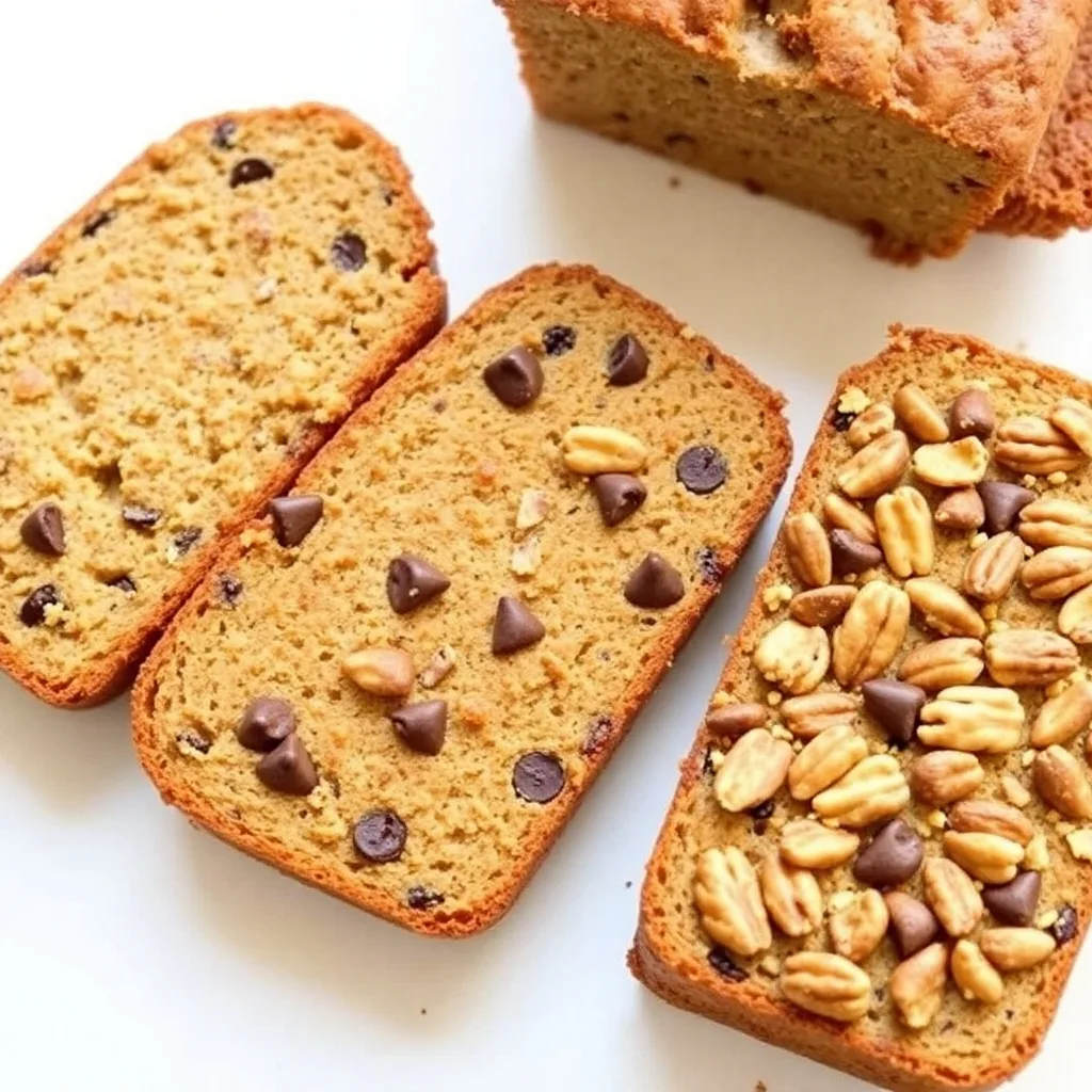 Three slices of banana bread showing plain, chocolate chip, and nut variations