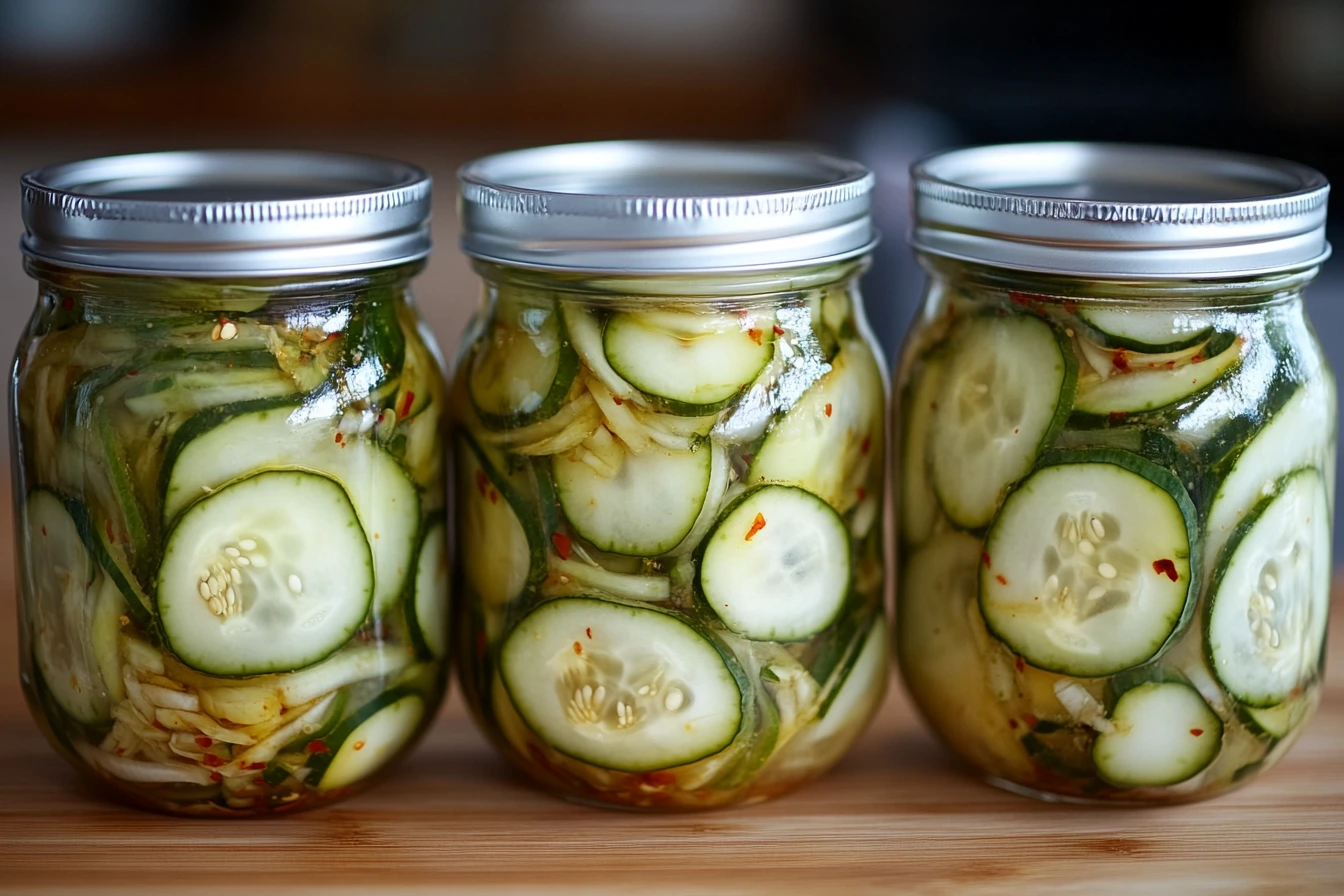 Fresh cucumbers in a bowl, topped with chili sauce, served alongside a flavorful stuffed pepper casserole