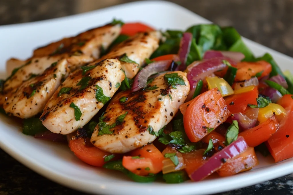 Marinated thin sliced chicken cutlets with fresh herbs and colorful vegetables