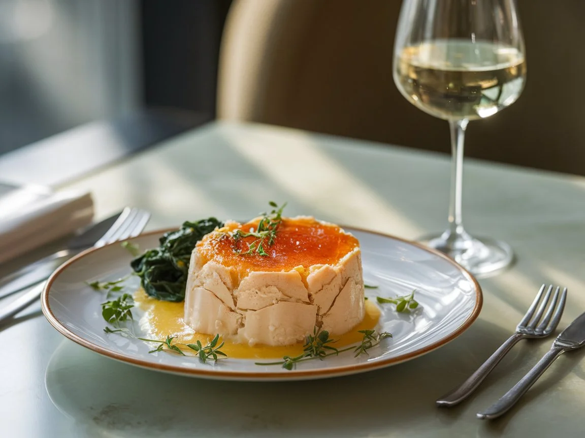 Plating Crab Brulee with a golden caramelized topping and garnished with fresh herbs, ready to serve