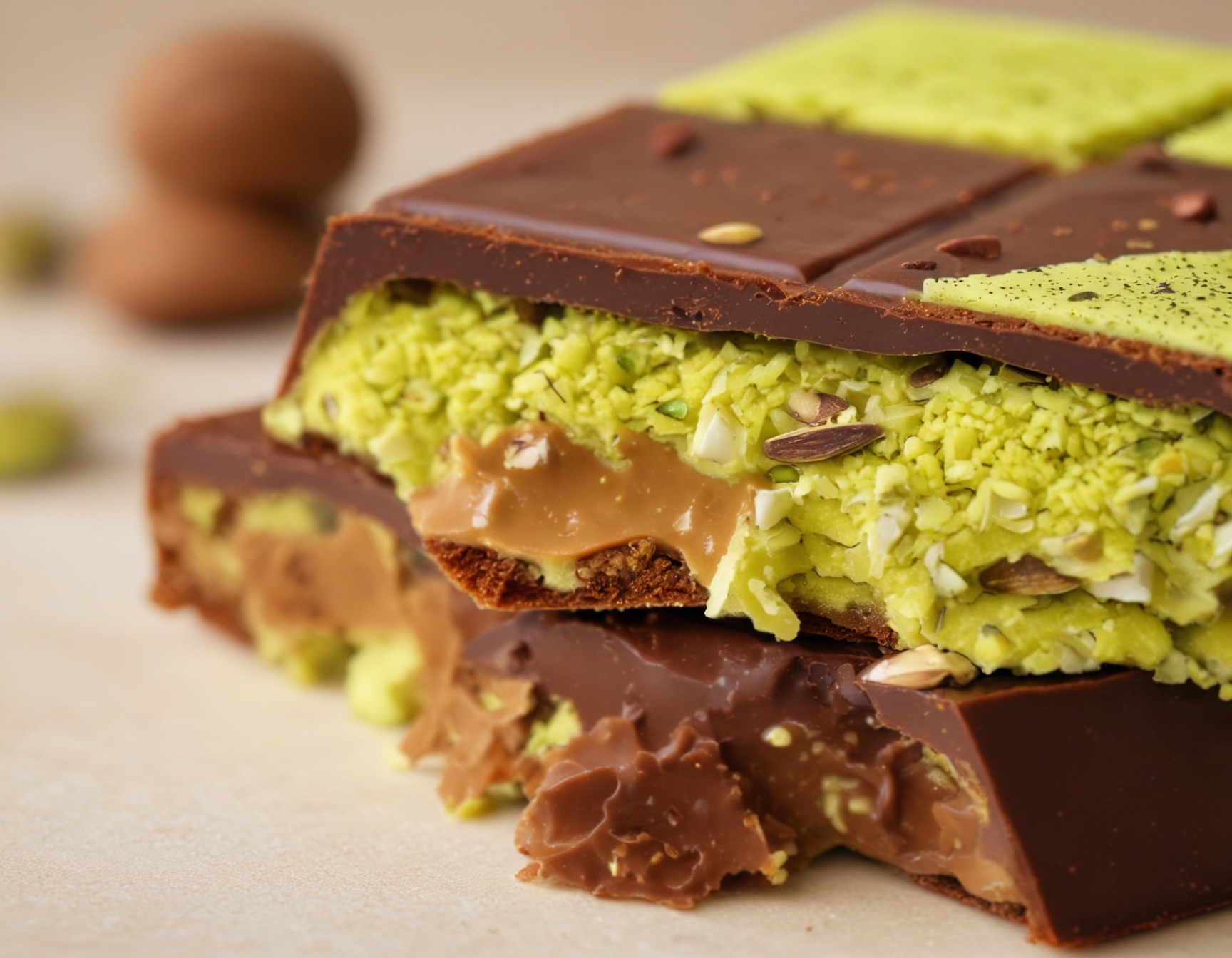 A close-up of a luxurious Dubai chocolate bar with a glossy dark chocolate outer layer and a pistachio green top, revealing a soft, kunafa-inspired filling inside