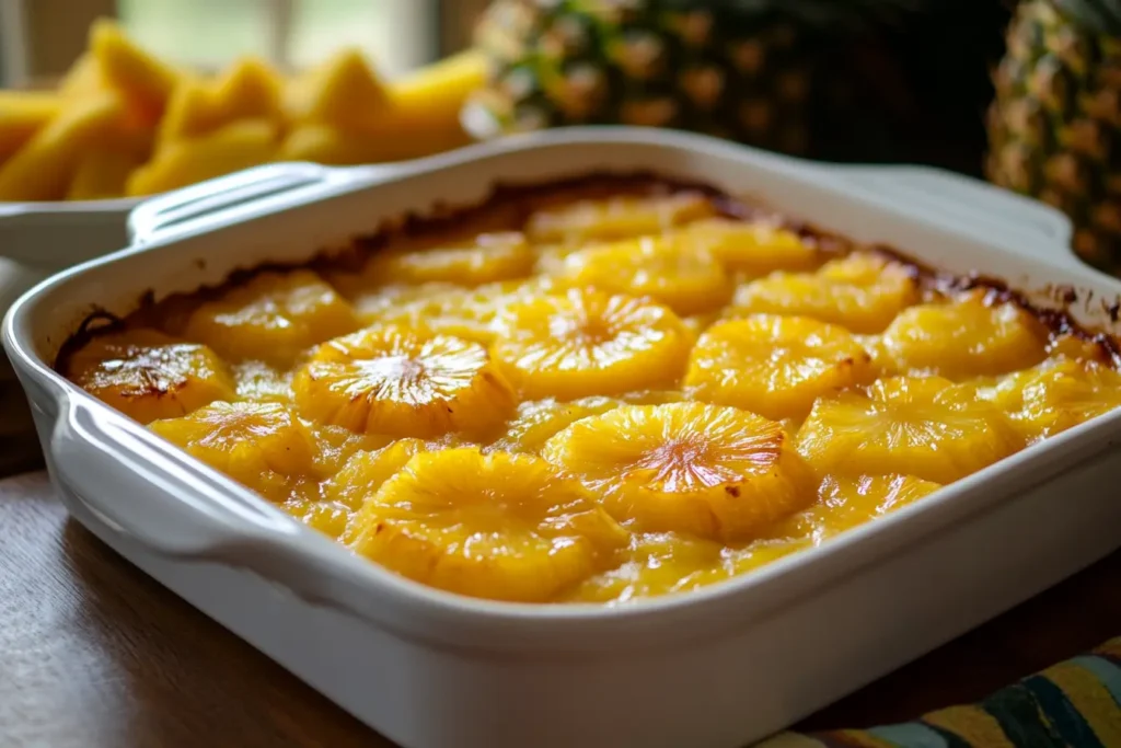 A homemade pineapple casserole in a white ceramic baking dish, topped with golden slices of caramelized pineapple. The edges of the casserole are slightly browned, indicating it has been baked to perfection. In the background, fresh pineapples and a bowl of pineapple slices are slightly blurred, giving the photo a casual, warm, and inviting feel. The lighting appears natural, streaming from a nearby window, creating soft highlights and shadows on the dish and wooden surface.