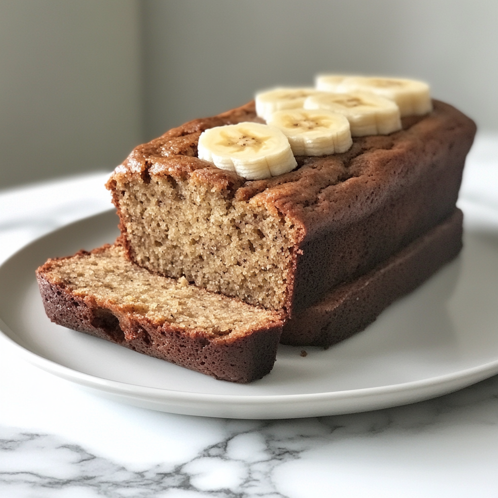 Moist three ingredient banana bread sliced to show tender crumb texture with golden-brown crust