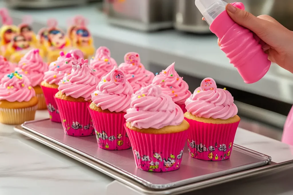 A tray of Barbie cupcakes with pink frosting and glittery toppers.
