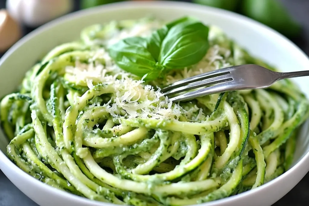 Low-carb zucchini pasta in creamy garlic sauce, topped with fresh herbs and Parmesan cheese
