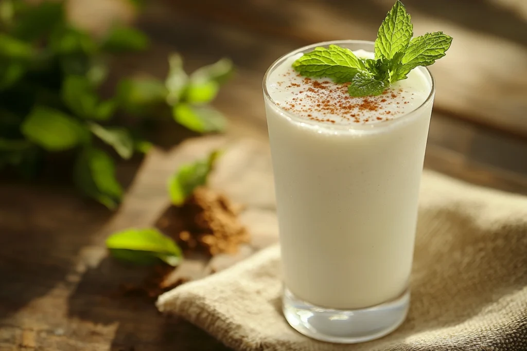 Refreshing cold yogurt drink garnished with mint leaves and a sprinkle of cumin, served in a traditional glass