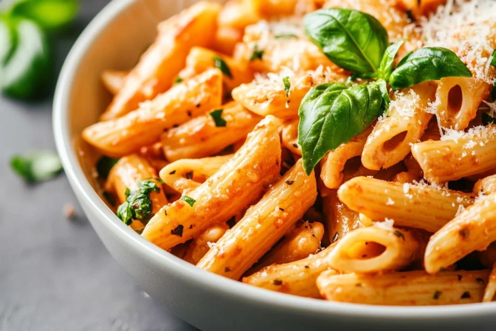 Fresh campanelle pasta in a light cream sauce garnished with fresh basil and grated Parmesan cheese