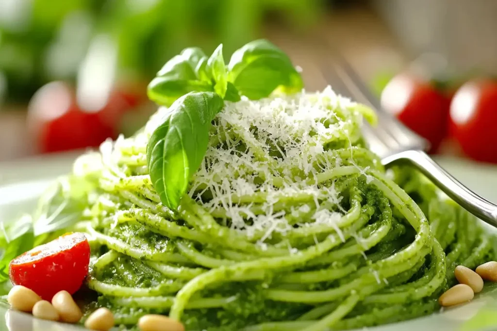 Plate of green spaghetti made with spinach pasta, topped with pesto sauce, fresh basil, parmesan, and cherry tomatoes. A healthy and inviting dish with natural lighting