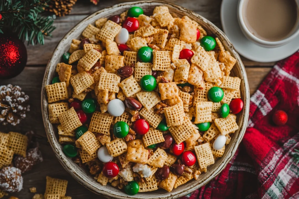 Freshly made Christmas Chex Mix in a festive bowl, showcasing perfect glazing and holiday colors