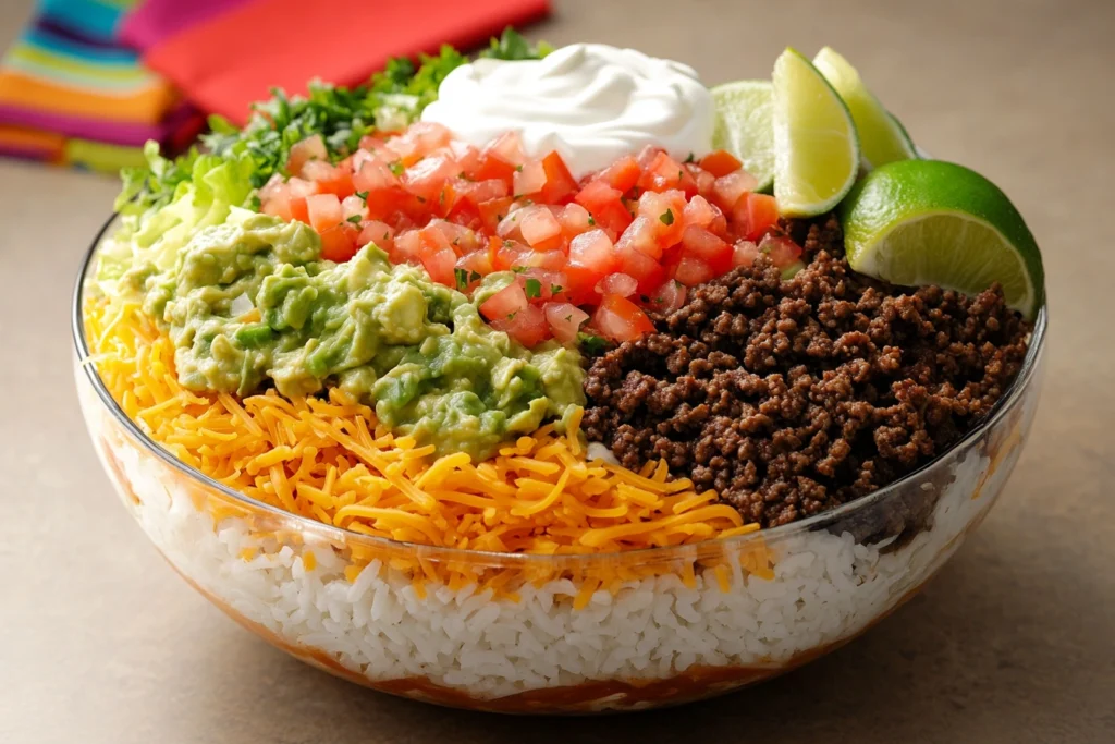 A vibrant bowl of taco salad featuring rice, beans, and cheese, garnished with fresh toppings
