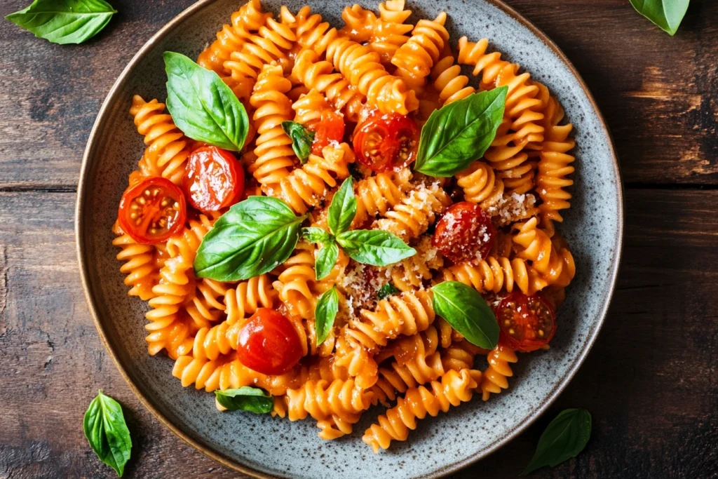 Fresh corkscrew pasta in tomato sauce with basil and Parmesan