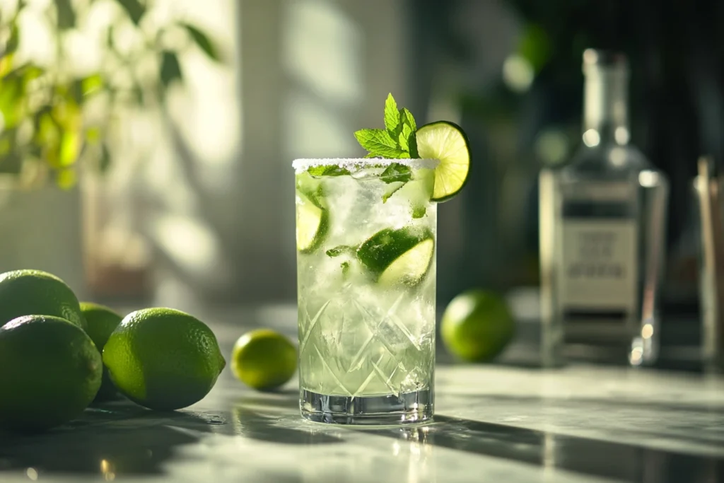 Fresh Skinny Margarita garnished with lime and mint in a salt-rimmed glass