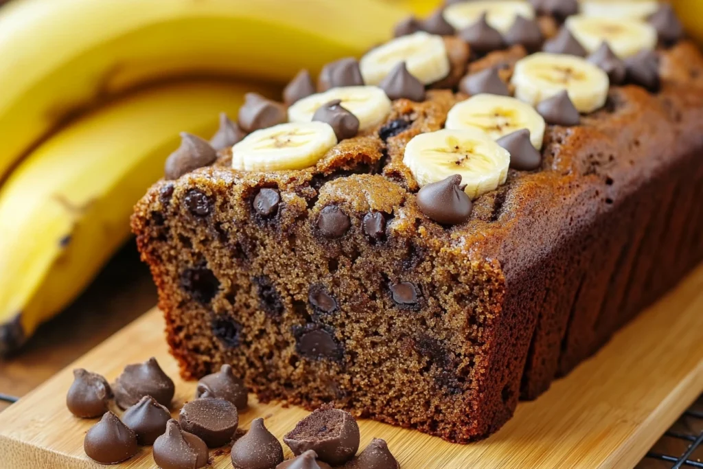 A golden-brown loaf of brown butter banana bread resting on a rustic wooden board