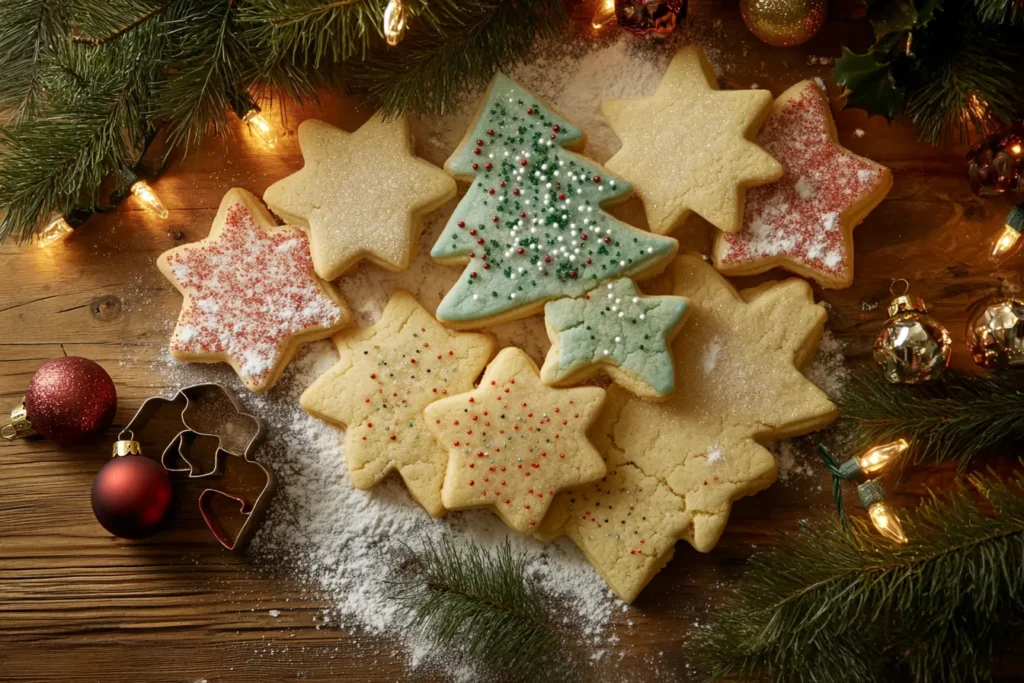 A collection of decorated sugar cookies arranged on a table adorned with festive Christmas decorations.