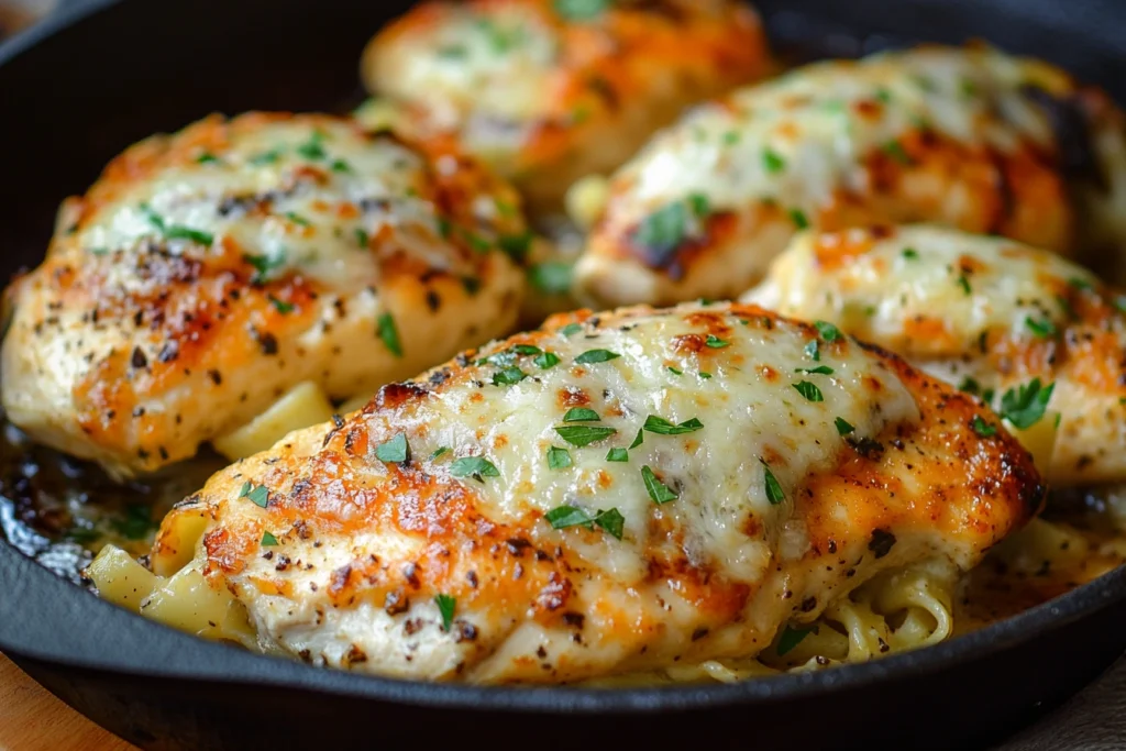 Creamy Garlic Parmesan Chicken Pasta with golden-seared chicken breast, fresh herbs, and shaved Parmesan in a rich garlic cream sauce