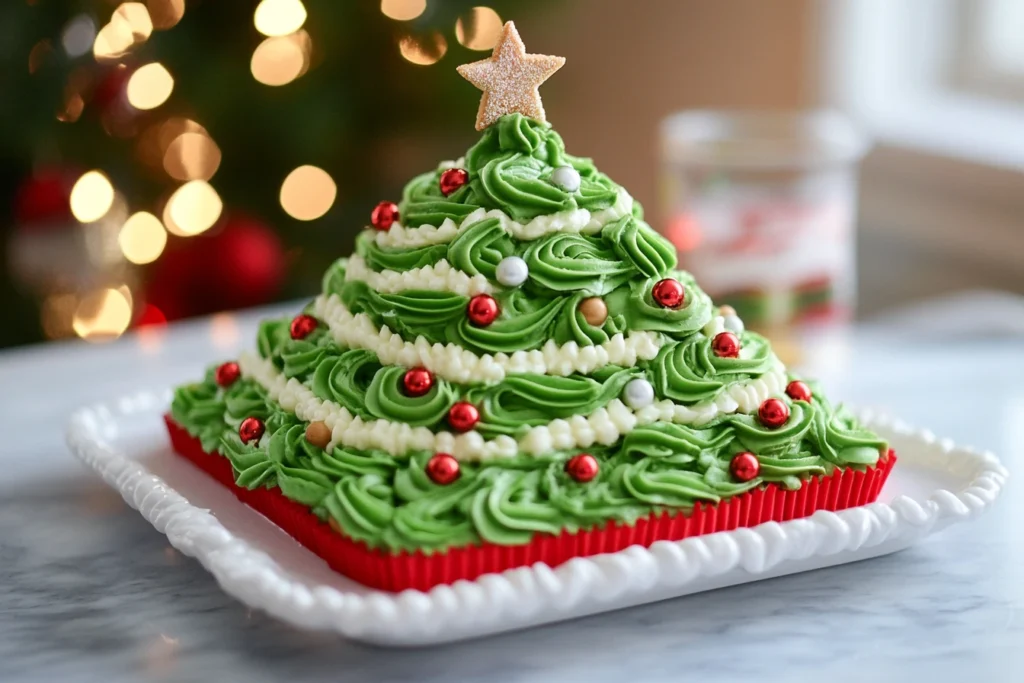 Little Debbie Christmas Tree Cake featuring white frosting with red stripes and green sprinkles on red holiday plate