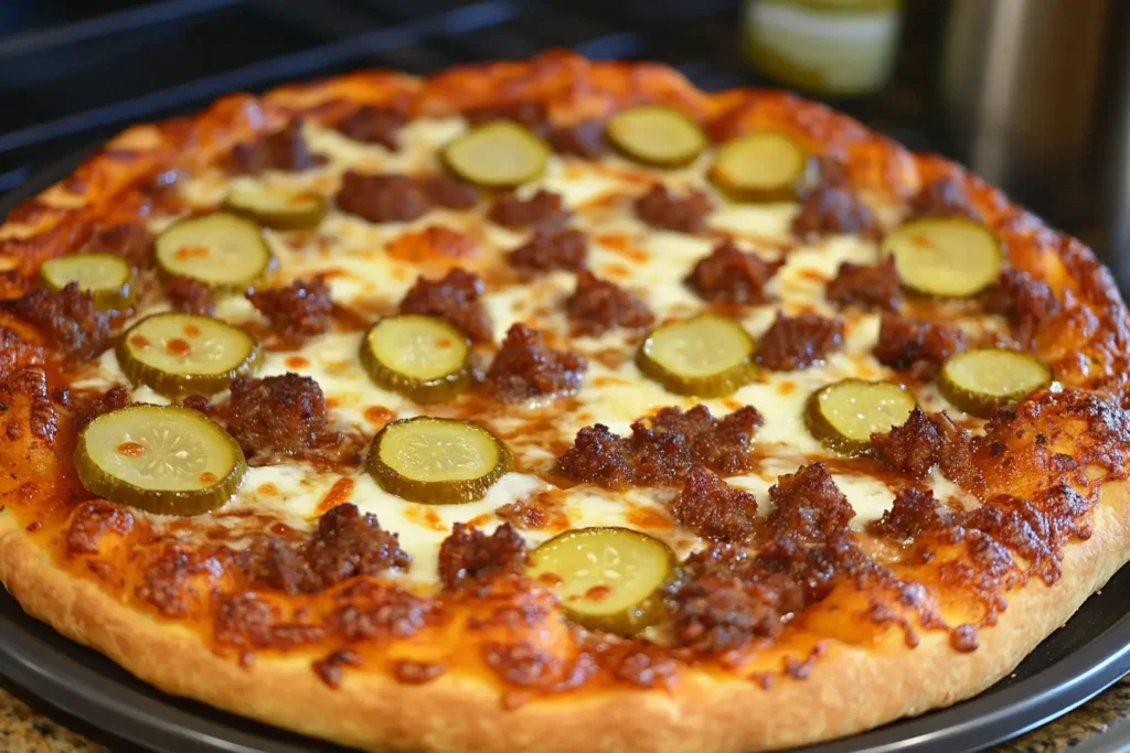 A freshly baked pickle pie pizza topped with melted cheese and vibrant green pickles.