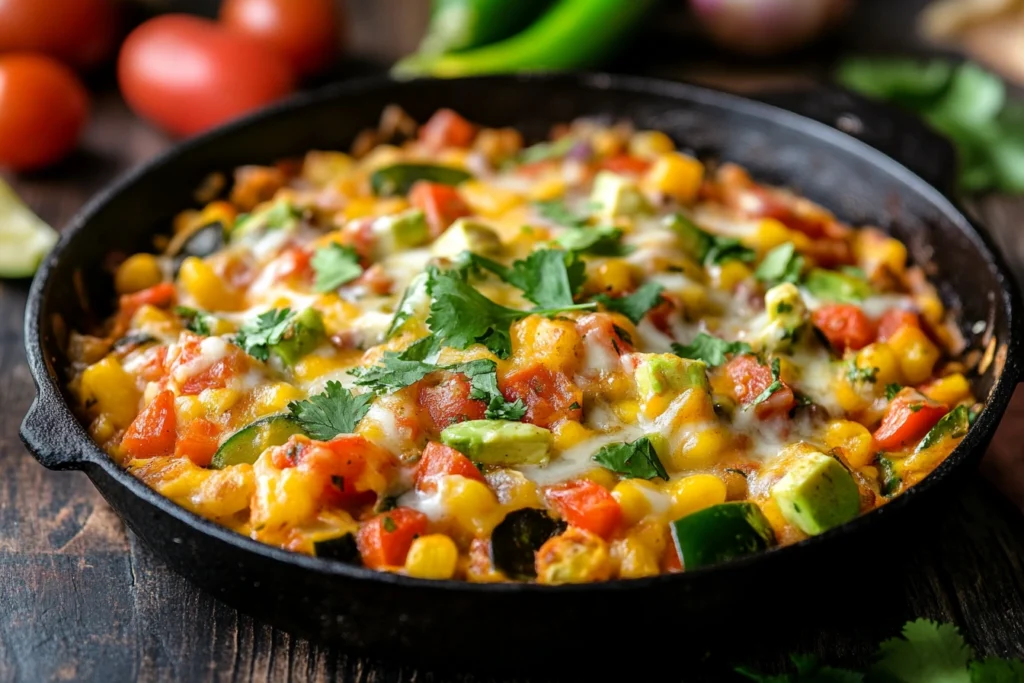 A vibrant bowl of Calabacitas recipe featuring rice, beans, and cheese, garnished with fresh toppings