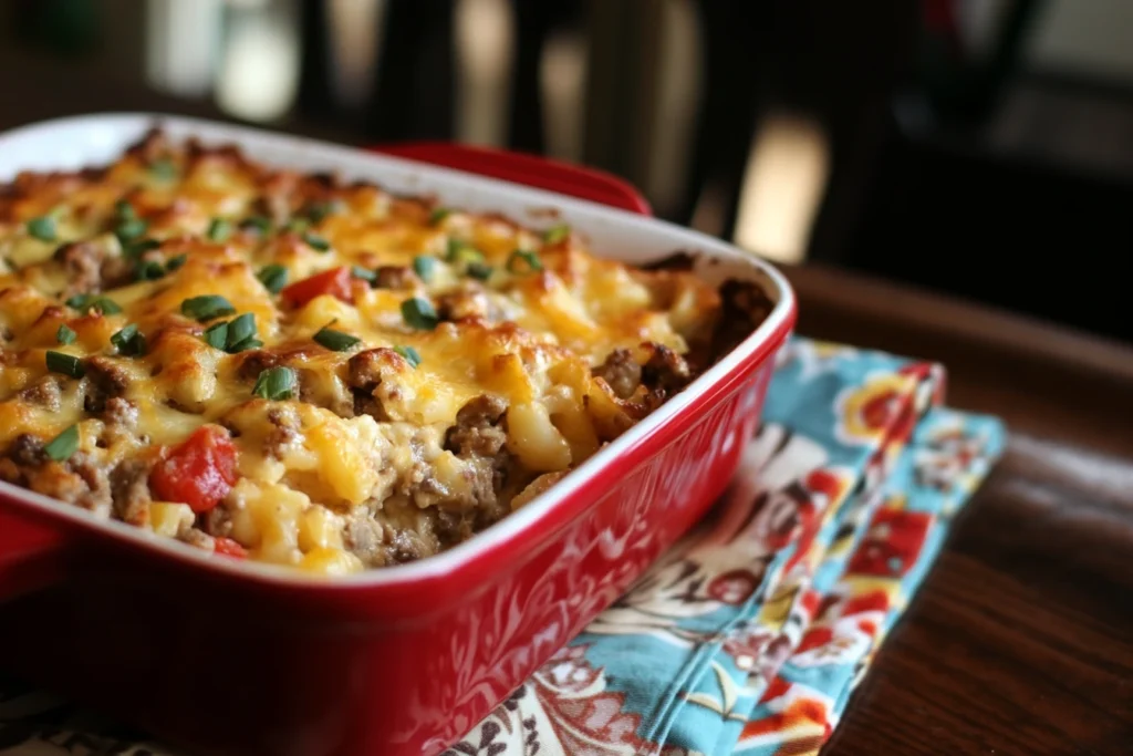the ultimate Cattle Drive Casserole recipe - a hearty Western dish with seasoned beef, creamy sauce & golden cornbread topping.