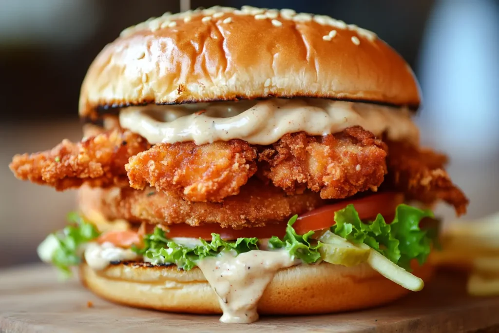 A chicken sandwich topped with onion, lettuce, and tomato, presented on a rustic wooden board