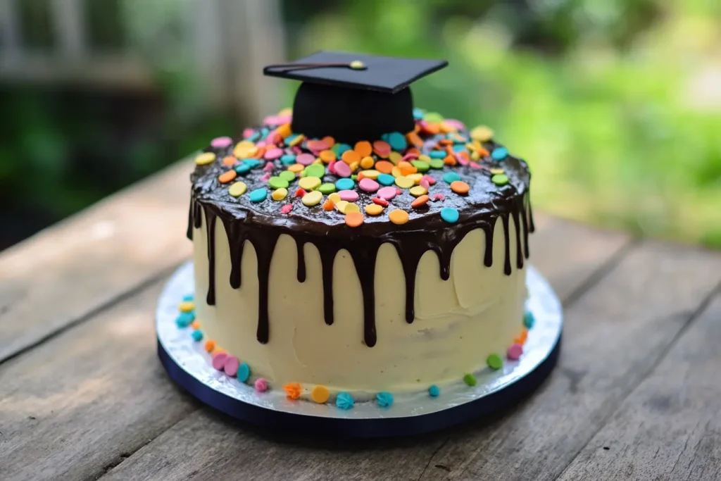 A graduation cake adorned with a black cap and colorful sprinkles, celebrating academic achievement.
