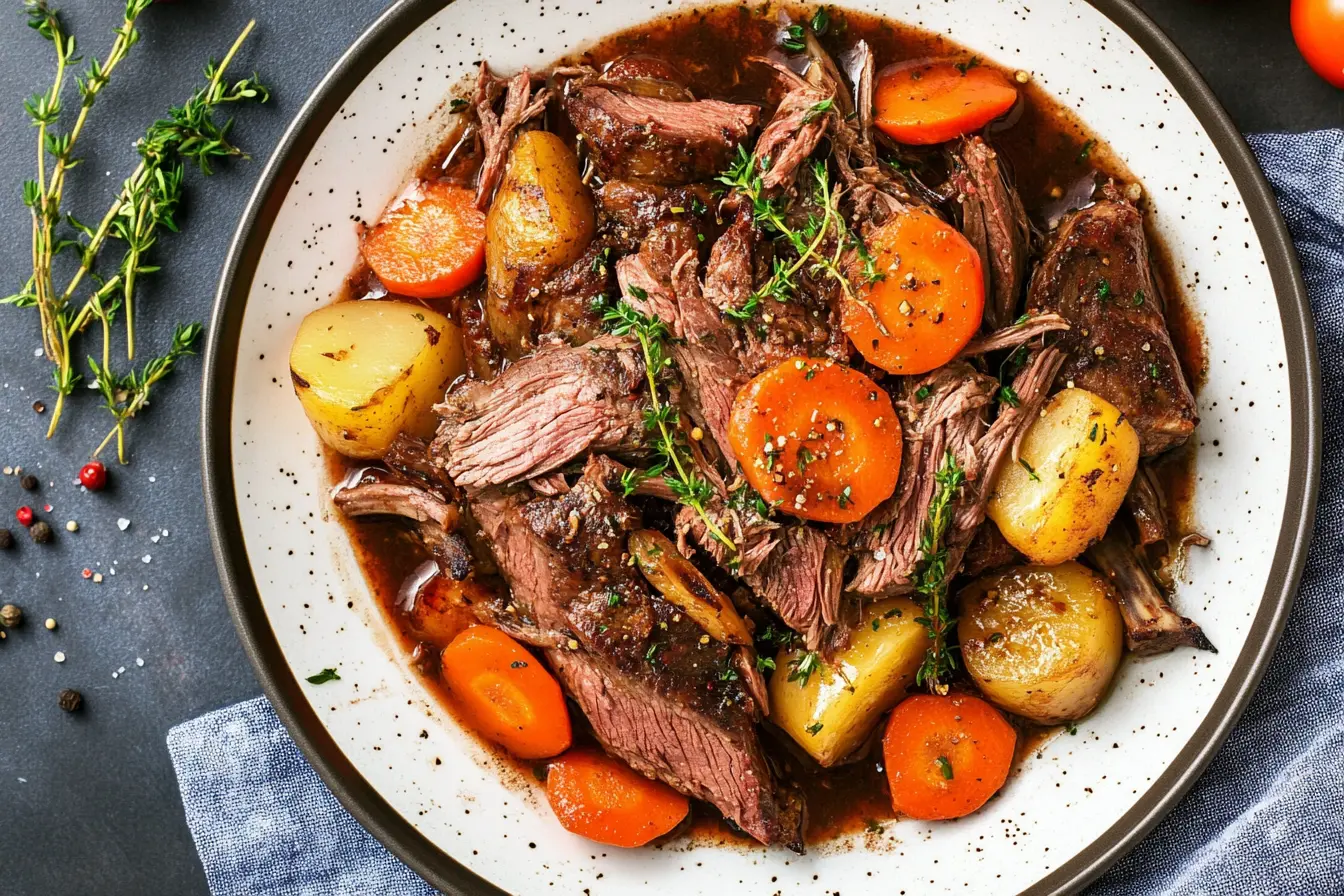 A pan filled with cooked meat and golden-brown potatoes, ready to be served as a hearty meal.