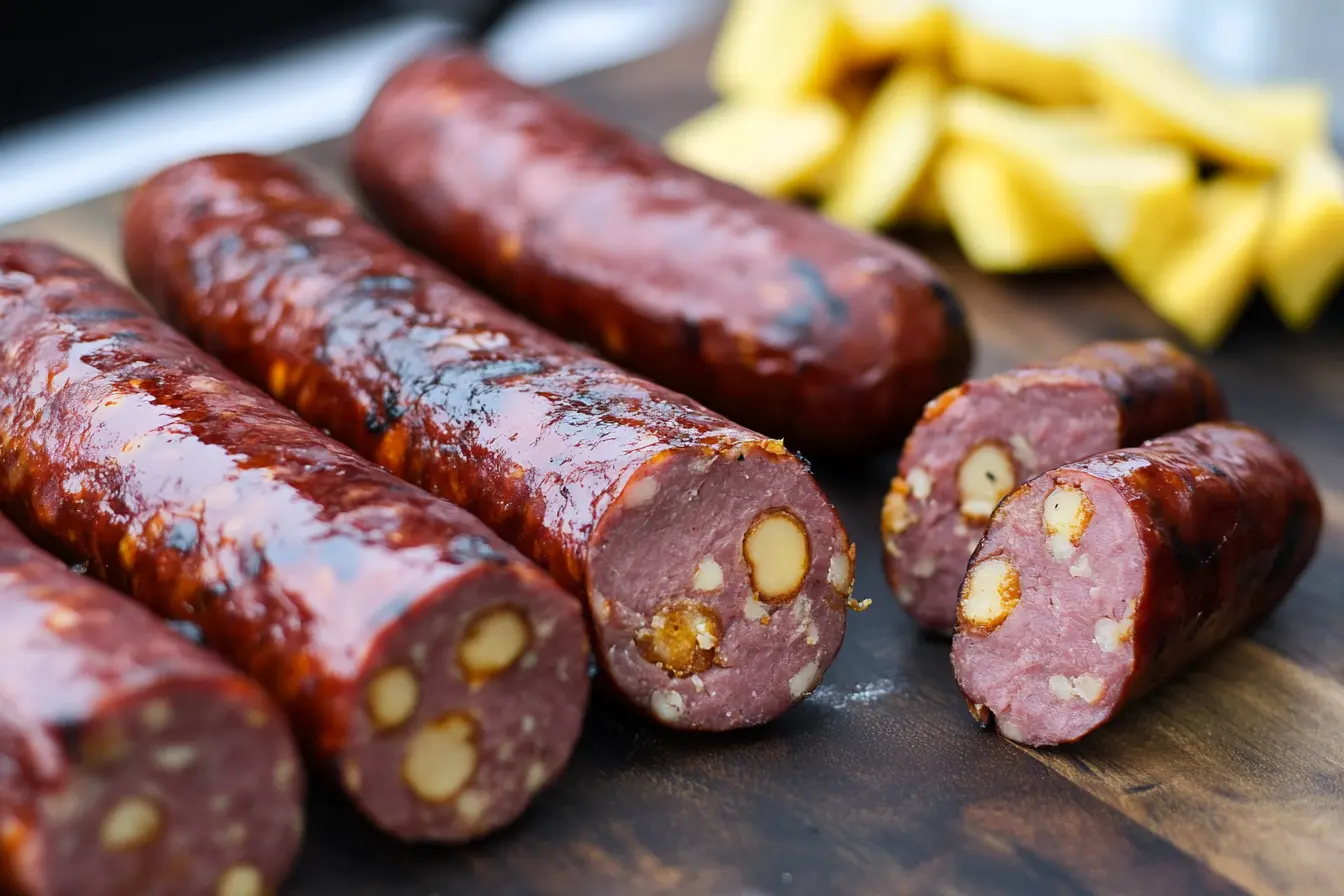 Four pieces of raw meat arranged neatly on a white plate, showcasing their fresh and unprocessed appearance.