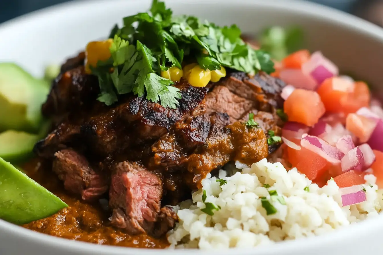 A vibrant Mexican beef bowl featuring seasoned beef, rice, and a colorful assortment of fresh vegetables.