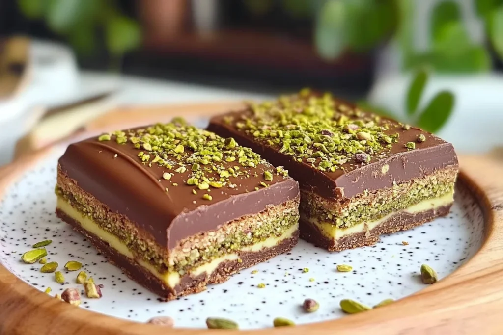Dubai Chocolate Bar Recipe: A decadent dessert featuring layers of rich chocolate, creamy pistachio filling, and crunchy nuts, inspired by Middle Eastern flavors.