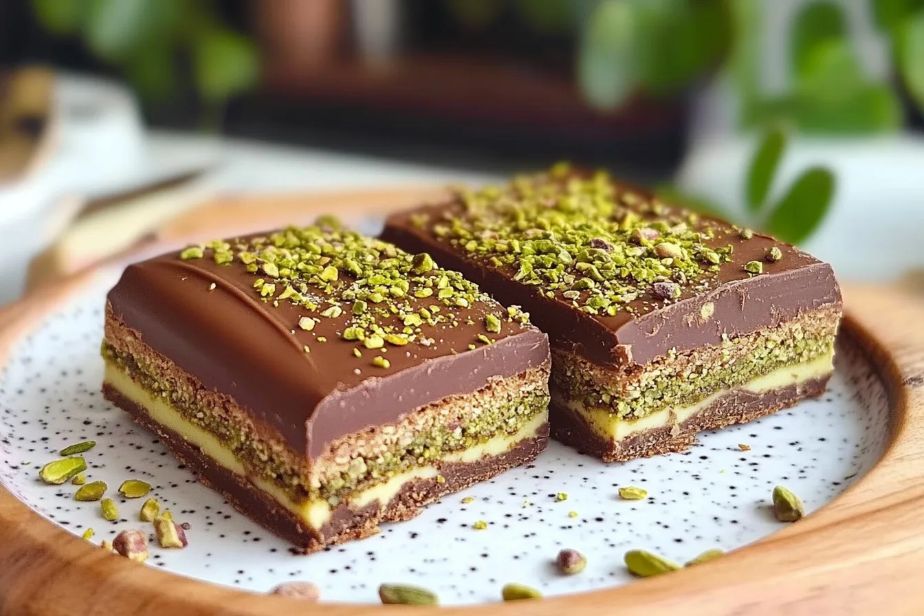 Dubai Chocolate Bar Recipe: A decadent dessert featuring layers of rich chocolate, creamy pistachio filling, and crunchy nuts, inspired by Middle Eastern flavors.