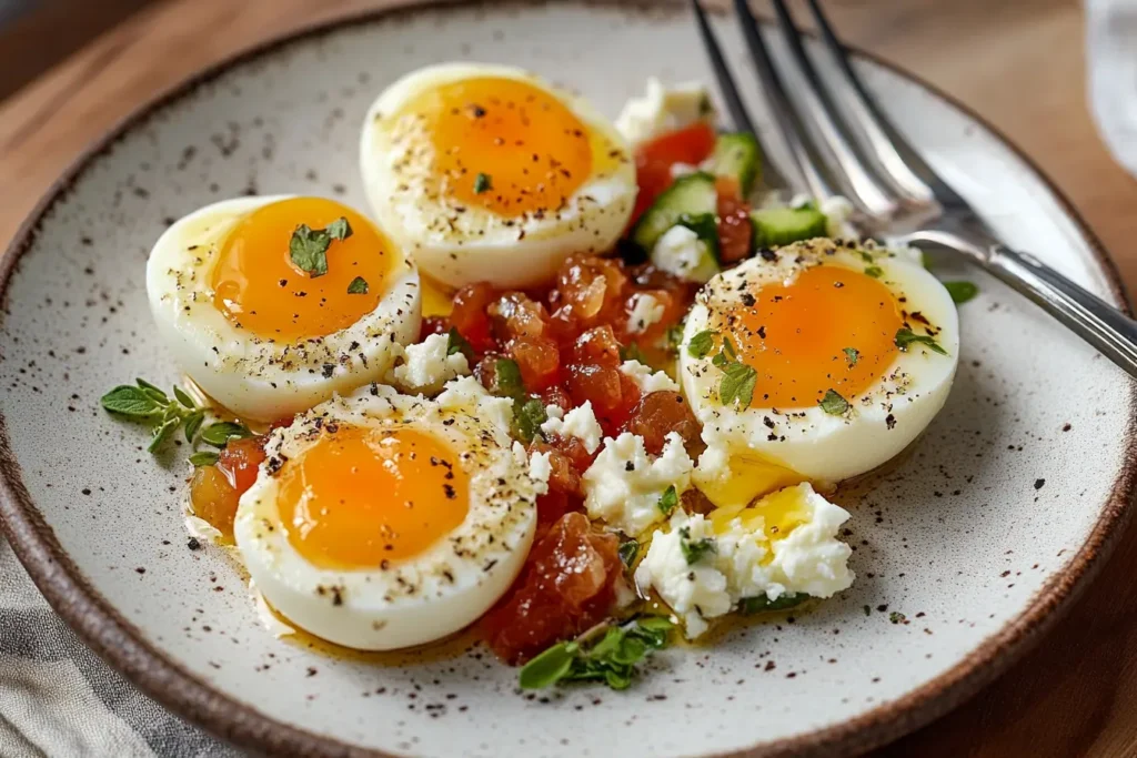 A white plate featuring eggs accompanied by fresh tomatoes and cucumber slices, creating a colorful and appetizing dish.