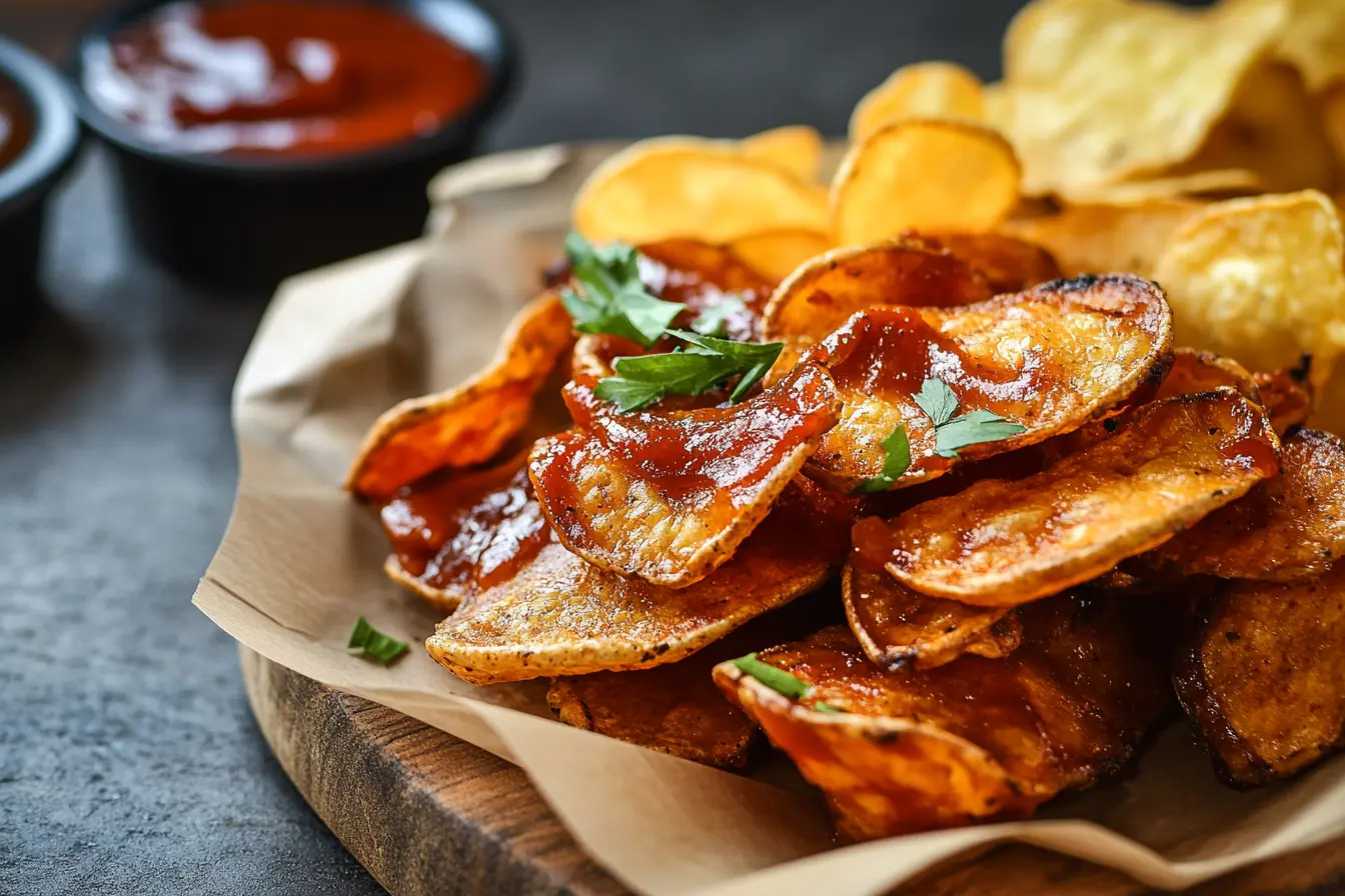 A plate of BBQ baked potato chips served with ketchup and garnished with fresh parsley.