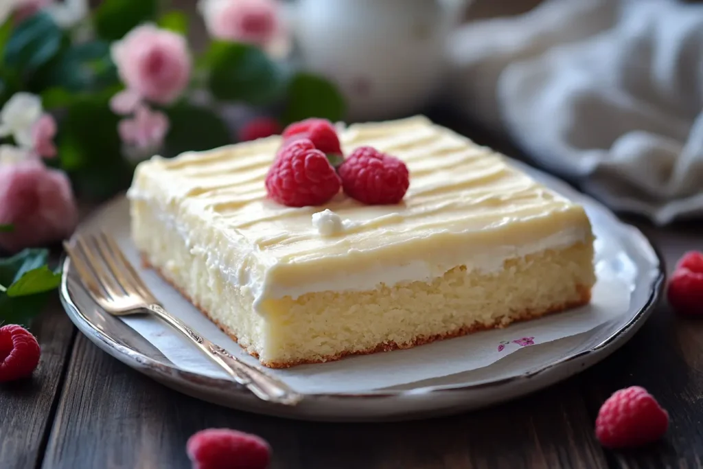 A slice of cake topped with cream cheese frosting and fresh raspberries, featured on a Kefir Sheet Cake recipe card.